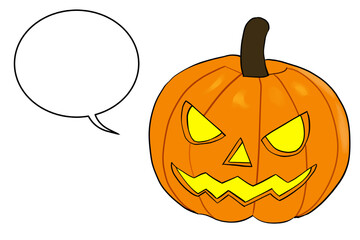 透明背景のハロウィンジャックオーランタンとかぼちゃのベクターアート。発光する怖い顔と吹き出しが特徴のシンプルなデザイン素材｜ハロウィン,かぼちゃ,ジャックオーランタン,吹き出し