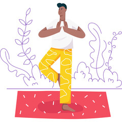 Man in Yellow Pants and White Shirt Practicing Tree Pose Yoga on a Red Mat with Abstract Floral Decorations and Transparent Background