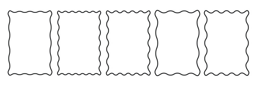 Zig zag wavy edge rectangle frame or border shapes set. Rectangular shapes with wiggly borders. Picture or photo frames, empty text boxes, tags, labels. Vector graphic illustration.
