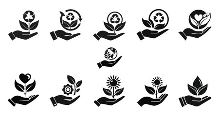 Eco Friendly Hand Holding Plant Icons Set Sustainability, Nature Care, Recycling, and Environmental Conservation Vector Silhouettes