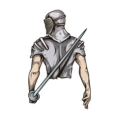Fototapeta premium Sword-Wielding Warrior: A resilient knight, fully armored and armed with a gleaming sword, stands prepared for battle, embodying valor, strength, and the spirit of medieval combat.