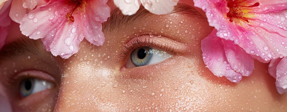 Serene face - Close-up of Eye with Pink Flowers and Water Droplets - Botanical elegance - Powered by Adobe