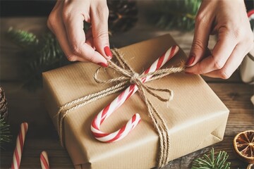 hand wrap handmade christmas gift box with cane candy