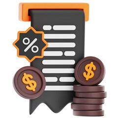 Realistic 3D illustration of a shopping receipt with coins and a percentage symbol in orange and brown tones symbolizing savings and financial transactions