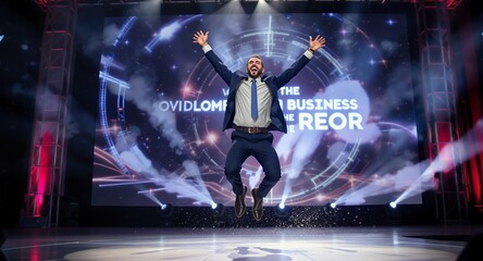 Fototapeta premium Dynamic Professional Leaping in Triumph on Stage, Celebrating Business Success and Achievement with Energetic Conference Lighting and Futuristic Digital Display Backdrop