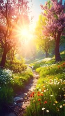 A sunlit path winds through a vibrant spring garden, flowers bloom