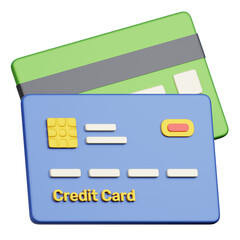 Two stylized 3D credit cards one blue and one green with grey stripe displayed against a black background signifying financial transactions and payment methods