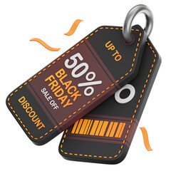 Black Friday Sale Discount Tags Showing Fifty Percent Off With Barcode And Orange Confetti Against Transparent Background