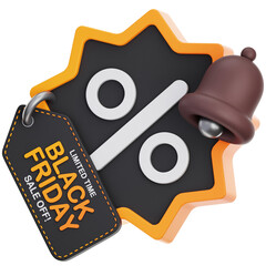 Black Friday Sale Discount Notification With Percentage Symbol Bell And Price Tag Detailed 3d Render With Transparent Background