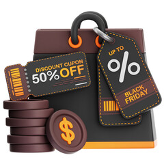 Black Friday Shopping Bag With Discount Coupon and Coins Black Orange Colors Offering 50 Percent Off Sale Purchase Celebration