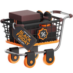 Black Friday Shopping Trolley Filled With Boxes And Shoes Featuring Orange Accents And Discount Tag In Studio Lighting On Transparent Background