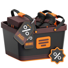 Black Friday Shopping Basket Filled With Shoes and Gift Boxes with Discount Tags and Percentage Signs Representing Sales and Promotions