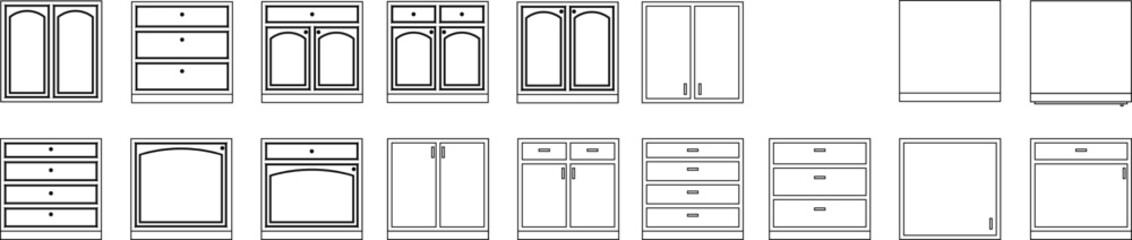 Minimalist line drawings of various cabinet and wardrobe designs — perfect for interior planning, kitchen, or bedroom layout visualization.