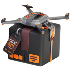 Futuristic Drone Delivering a Black Gift Box with a 50 Percent Black Friday Discount Tag Orange Accents Transparent Background