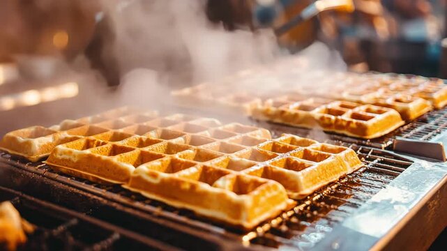 Freshly baked waffles on a grill, steaming and ready to serve. Delicious treat.