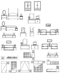 A collection of black and white line art illustrations of bedroom furniture, including various bed styles, wardrobes, dressers, and tables.