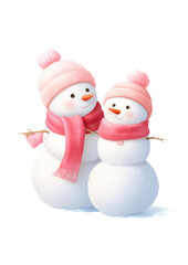 Fototapeta premium Festive Snowman Couple: Two adorable snowmen, each adorned with a matching pink hat and scarf, stand together in a heartwarming winter scene. Embrace the spirit of the season with this illustration