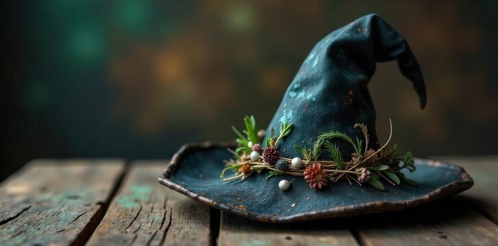 Hat with Floating Charms and Ingredients A weathered, wide brimmed witch s hat is centered on a rustic wooden table. Delicate, enchanted charms, dried herbs, and small, sparkling crystals are floating