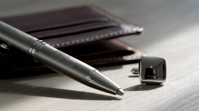 Elegant pen, wallet and cufflinks on a wooden surface create a sophisticated scene