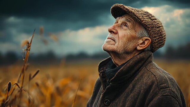 Pensive senior man looking up in a field, wearing a tweed cap and jacket.