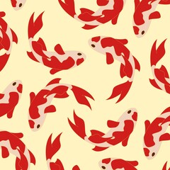 Vibrant Asian-inspired decorative pattern featuring red and white Nishikigoi fish artwork on a light background
