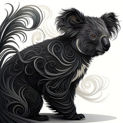 Obraz premium Black koala with intricate swirling fur patterns and smoke accents isolated on a transparent background