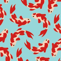 Seamless Pattern of Koi Fish Swimming in a Blue Pond Symbol of Luck and Prosperity