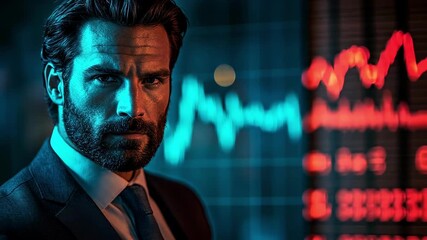 Confident businessman with stock market data in background. Financial analysis. - Powered by Adobe