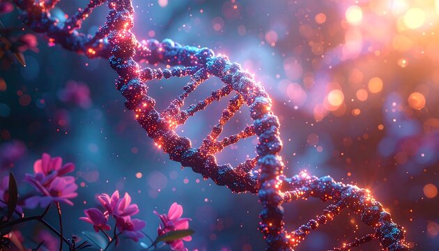 Artistic depiction of a glowing DNA strand amidst vibrant floral scenery