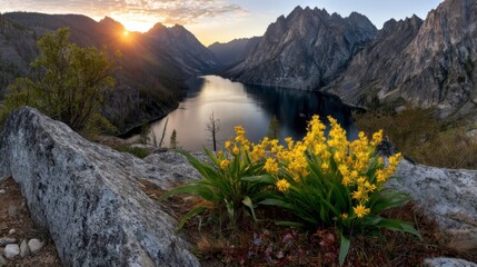 Sunset over mountain lake featuring wildflowers idaho nature photography serene environment scenic viewpoint landscape beauty