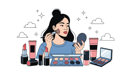 A person applying makeup with various cosmetic products on a white background.