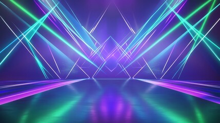 Dynamic vector illustration of a deep blue stage flooded with intersecting neon green and violet laser beams, angular geometric shapes floating as a futuristic product showcase backdrop