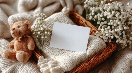 4x4 vertical baby announcement card with cozy basket nest, soft neutral tones, teddy bear, cable knit blanket, baby’s breath flowers, ultrasound frame, serene and tender newborn celebration.