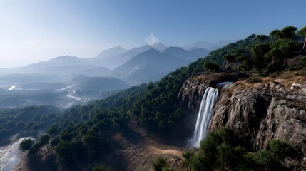 Obraz premium Majestic waterfall cascade scenic mountains nature photography tranquil environment aerial view natural beauty
