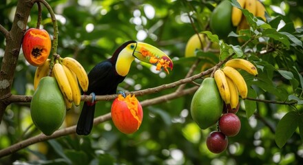 Colorful Keel-billed Toucan Feasting on Tropical Fruits: Papaya, Bananas, Avocados, and Passion Fruits Amidst Lush Green Foliage in a Vibrant Rainforest Scene