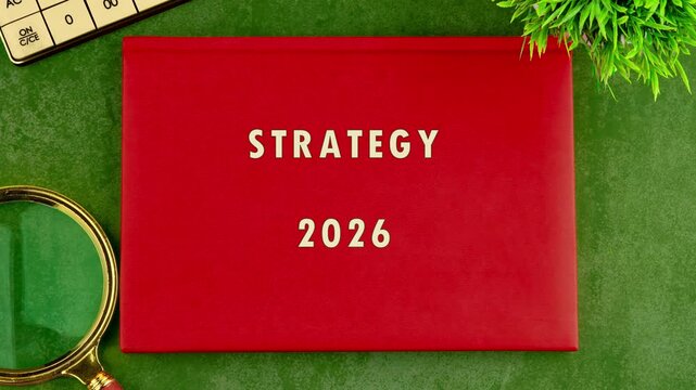 A red notebook displays the word STRATEGY along with the year 2026