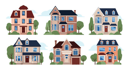 A collection of charming suburban homes with beautiful landscaping and architectural details.