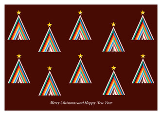Geometric colorful Christmas tree on a dark red wine background 