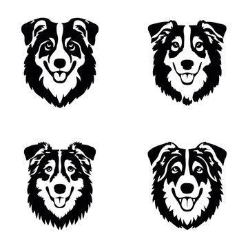 Four stylized black and white border collie dog head illustrations