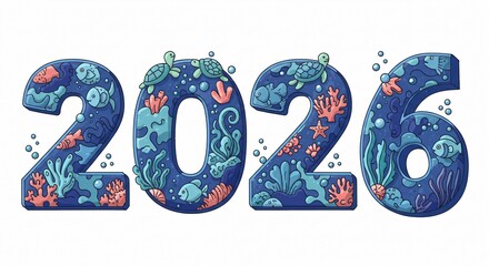 Vibrant Underwater World Depicts Year 2026 with Fish, Sea Turtles, and Coral