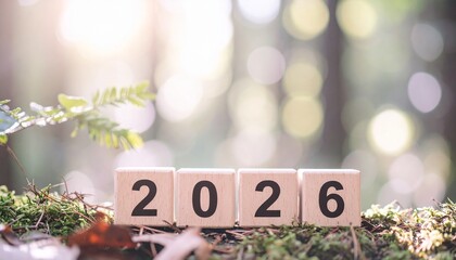 森の中の地面で、木のブロックを使って数字の「2026」が組み立てられている。ブロックは手前の中央に配置され、周囲には苔や落ち葉、小さな植物が生えています。背景の森はソフトフォーカスでぼかされており、上部からは明るい自然光が差し込んで、ナチュラルで希望に満ちた雰囲気を醸し出しています。未来、計画、希望、自然