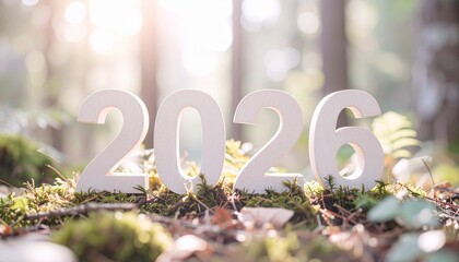 自然豊かな森の地面に、白い大きな「2026」の数字が置かれている。明るい光とソフトフォーカスが、ナチュラルで希望に満ちた雰囲気。未来、環境、新しさ、時間、目標、新年