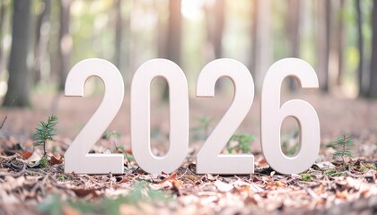 自然豊かな森の地面に、白い大きな「2026」の数字が置かれている。明るい光とソフトフォーカスが、ナチュラルで希望に満ちた雰囲気。未来、環境、新しさ、時間、目標、新年