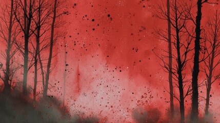Dynamic Abstract Nature Scene with Refined Ink-Wash Style and Blood-Red Viscosity Splatters for High-Impact Branding and Media Design