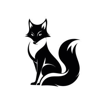 Stylized black fox with fluffy tail sitting alertly on white background