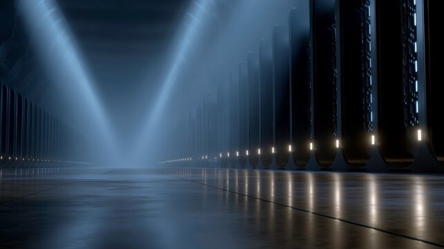 Illuminated data center infrastructure industrial facility visual technology high-tech environment futuristic viewpoint innovation concept