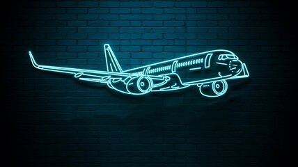Neon glowing airplane sign on dark brick wall background
