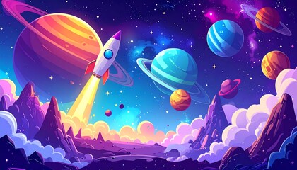 Colorful illustration of a rocket launching into a vibrant cosmos