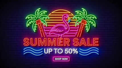 Summer sale neon sign with flamingo, palm trees, and sunset offering up to 50 percent discount
