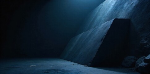 The pangs of hunger visualized through sharp, abstract forms and contrasting light and shadow. A sharp, angular, abstract sculpture made of dark, matte material, casting a dramatically defined shadow.